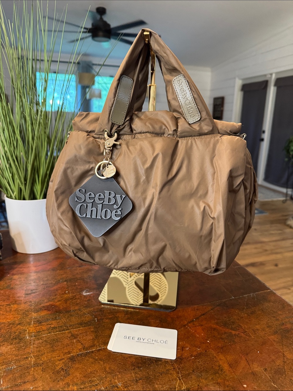 See By Chloe Tan Nylon Puffer Tote with Logo Charm
